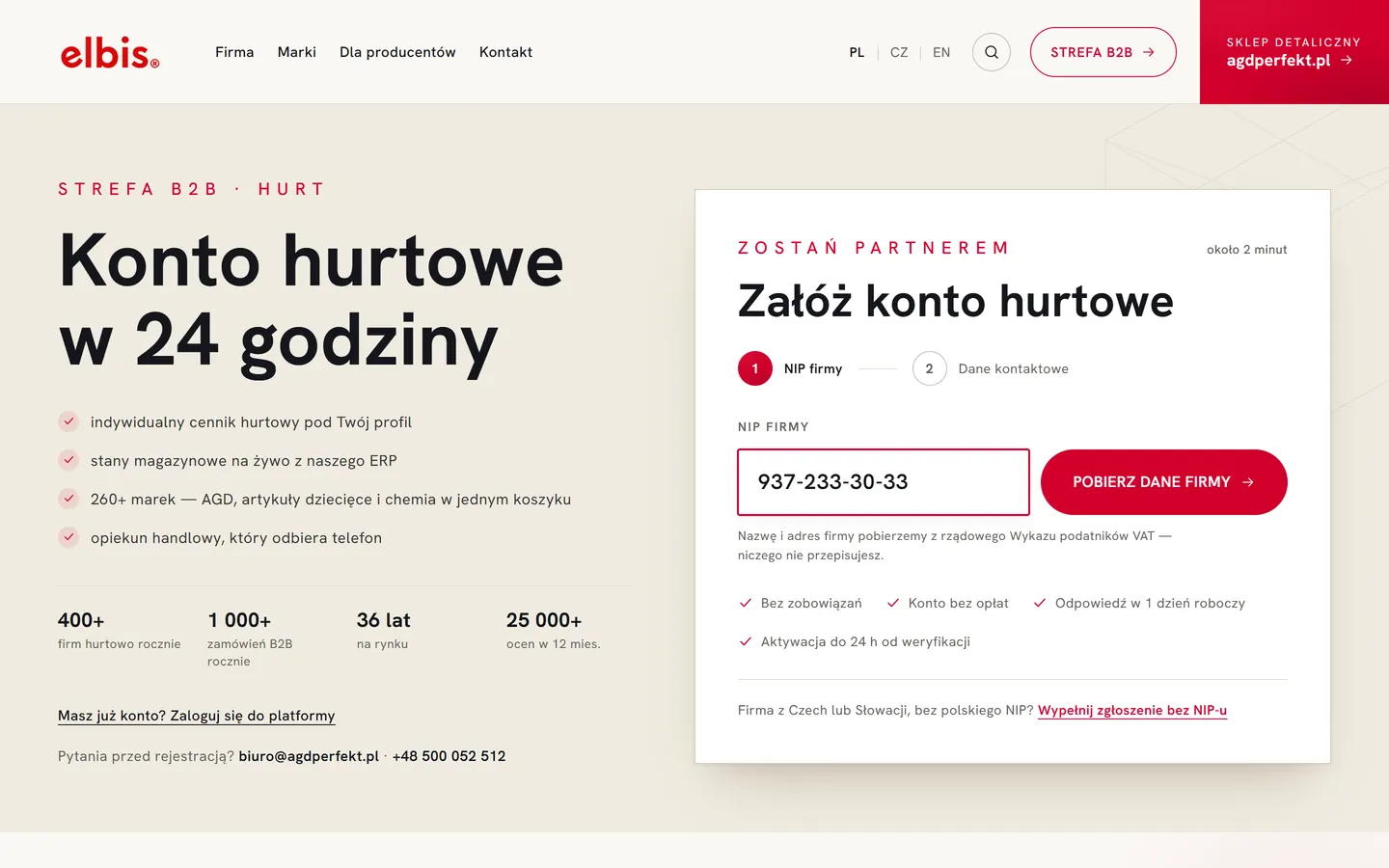 ELBIS — Strefa B2B — konto hurtowe zaczyna się od jednego pola: NIP-u firmy.