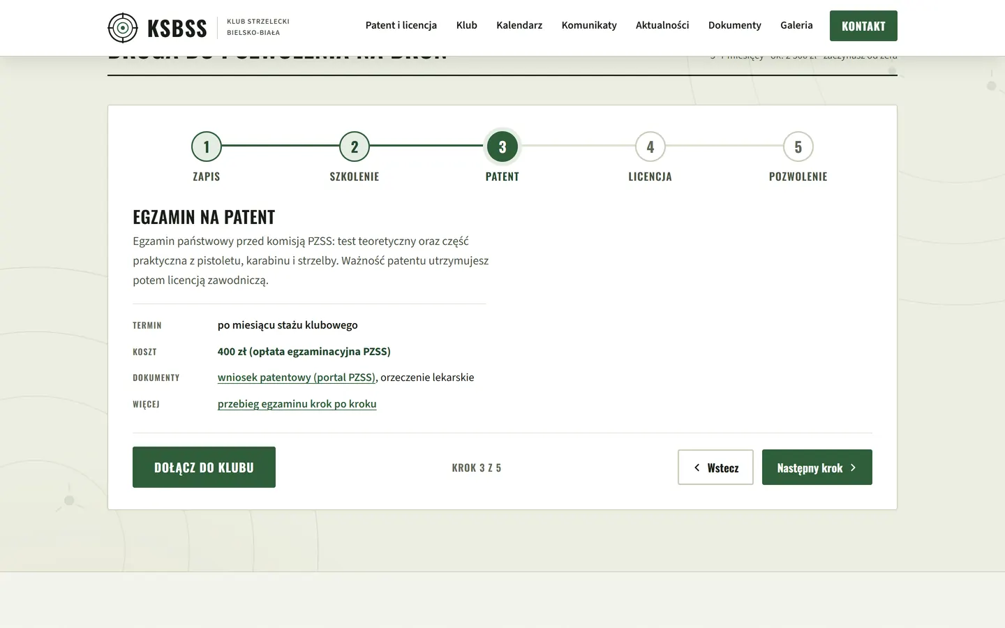 KSBSS — Tracker „Droga do pozwolenia na broń” — krok 3 z 5: egzamin na patent, z czasem, kosztem i dokumentami.